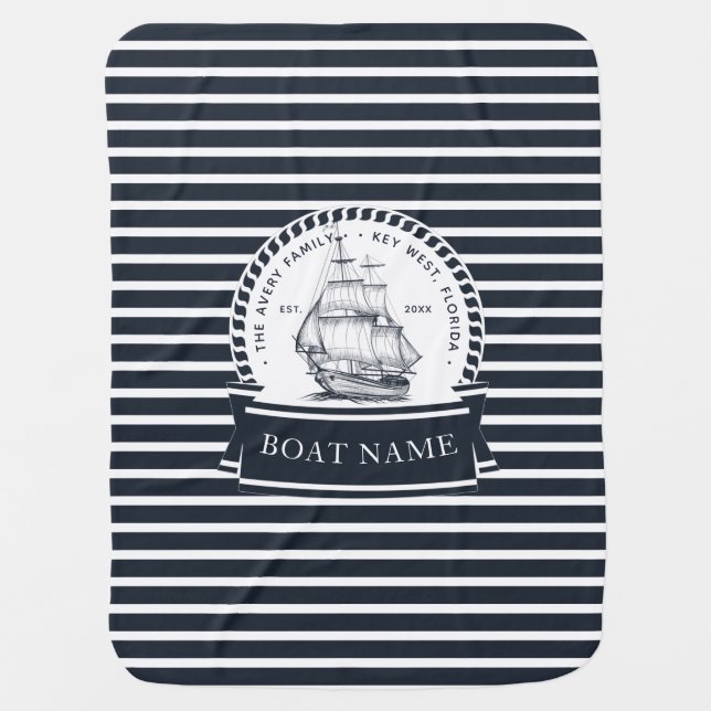 Navy Blue Nautical Personalized Baby Blanket (Front)