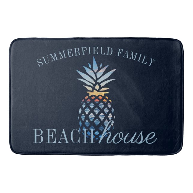 Navy Blue Nautical Personalized Beach House Family Bath Mat (Front)
