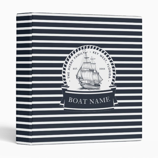 Navy Blue Nautical Personalized Boat Name 3 Ring Binder (Front/Spine)