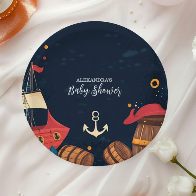 Navy Blue Nautical Pirate Baby Shower Paper Plates (Creator Uploaded)