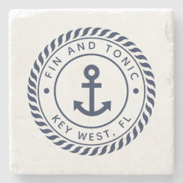 Navy Blue Nautical Rope &amp; Anchor Boat Name Stone Coaster