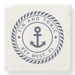 Navy Blue Nautical Rope & Anchor Boat Name Stone Coaster