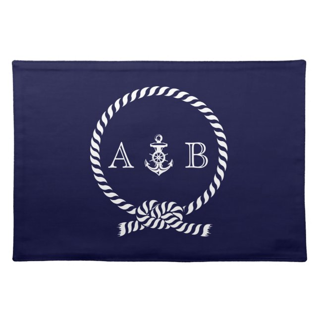 Navy Blue Nautical Rope and Anchor Monogram Cloth Placemat (Front)