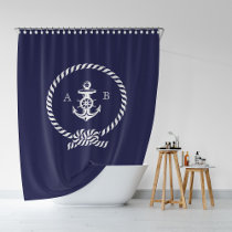 Navy Blue Nautical Rope and Anchor Monogram Shower Curtain