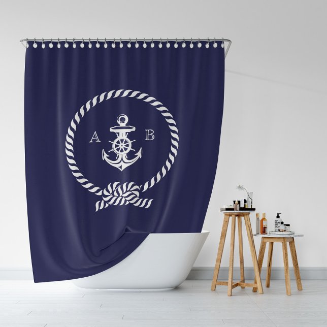 Navy Blue Nautical Rope and Anchor Monogram Shower Curtain (Creator Uploaded)