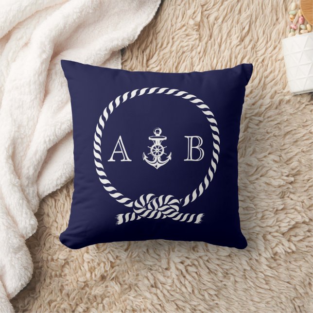 Navy Blue Nautical Rope and Anchor Monogram Throw Pillow (Blanket)