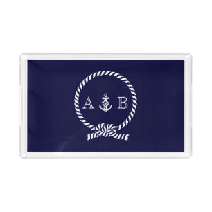 Navy Blue Nautical Rope and Anchor Monogrammed Acrylic Tray