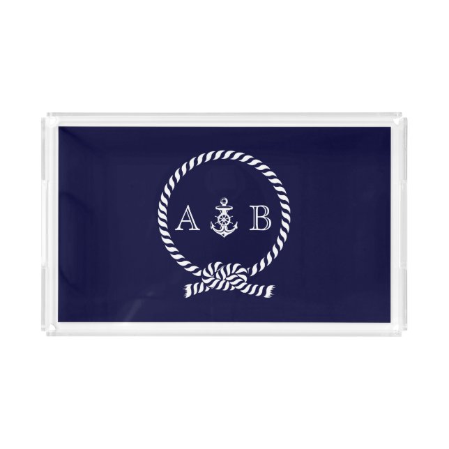 Navy Blue Nautical Rope and Anchor Monogrammed Acrylic Tray (Front)