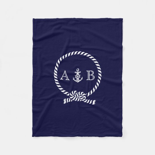 Navy Blue Nautical Rope and Anchor Monogrammed Fleece Blanket