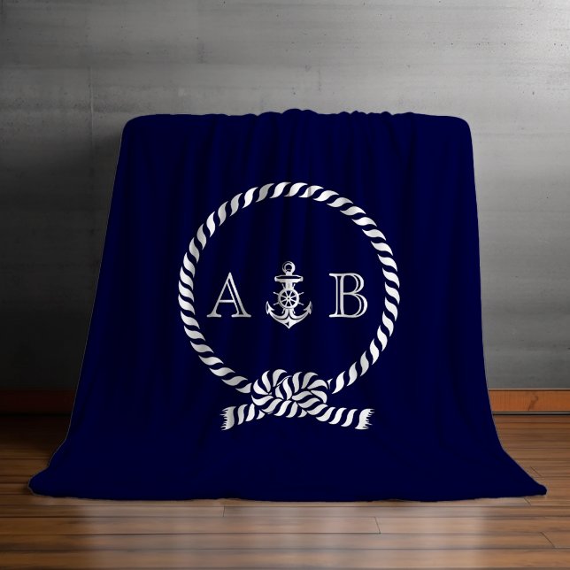 Navy Blue Nautical Rope and Anchor Monogrammed Fleece Blanket