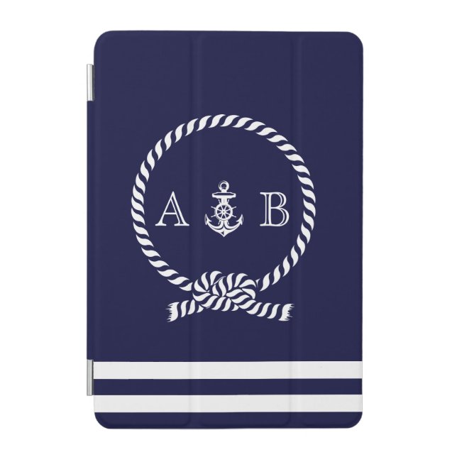 Navy Blue Nautical Rope and Anchor Monogrammed iPad Mini Cover (Front)