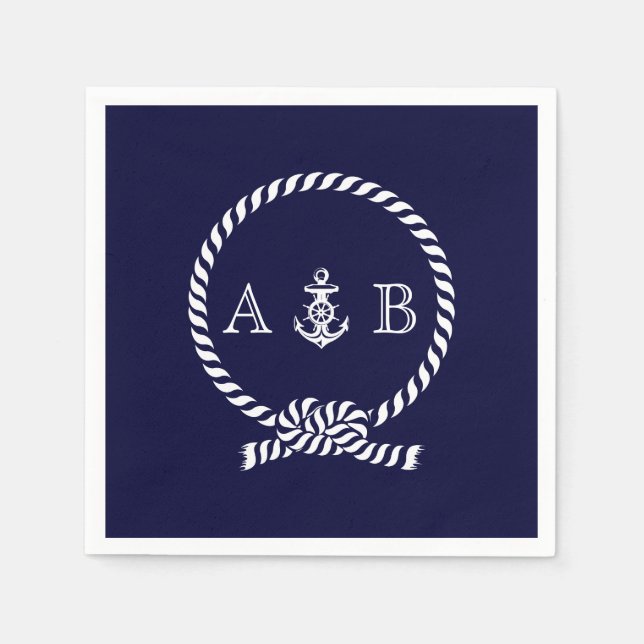 Navy Blue Nautical Rope and Anchor Monogrammed Napkins (Front)