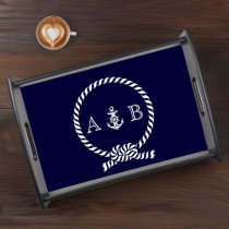 Navy Blue Nautical Rope and Anchor Monogrammed Serving Tray