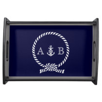 Navy Blue Nautical Rope and Anchor Monogrammed Serving Tray