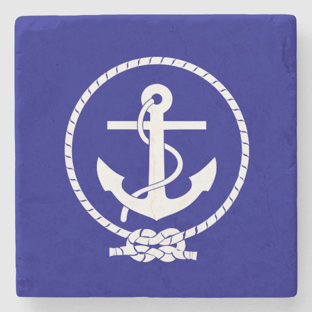 Navy Blue Nautical Rope and Anchor Stone Coaster (Front)