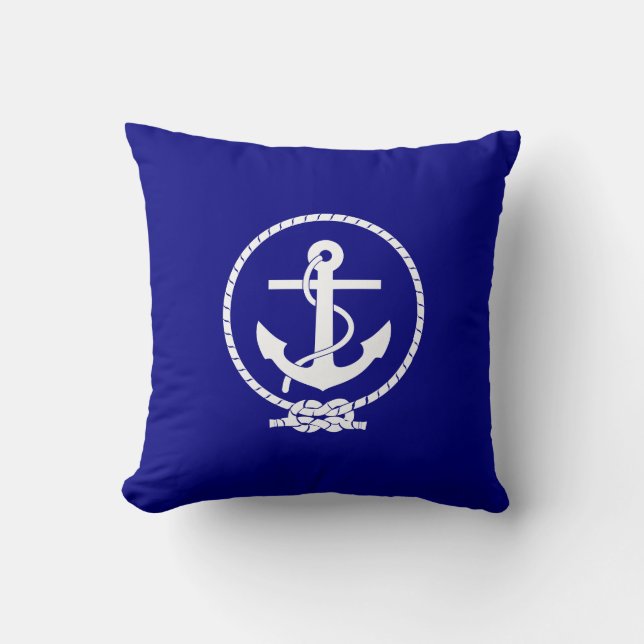 Navy Blue Nautical Rope and Anchor Throw Pillow (Front)