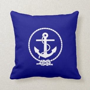 Navy Blue Nautical Rope and Anchor Throw Pillow