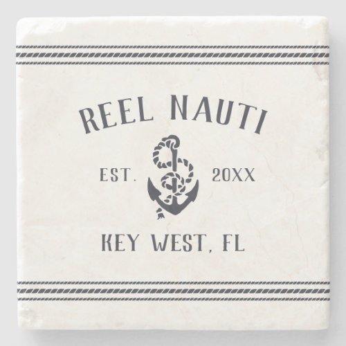 Navy Blue Nautical Rustic Anchor Boat Name Stone Coaster
