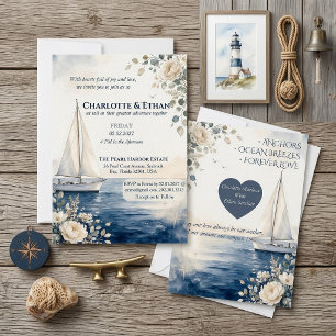 Navy Blue Nautical Sailboat Ivory Florals Wedding Invitation