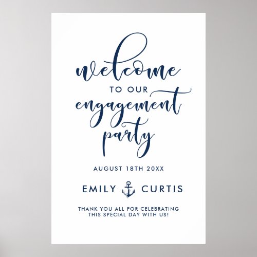 Navy Blue Nautical Script Engagement Party Welcome Poster