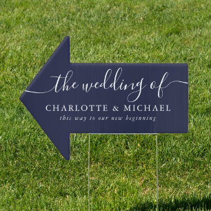 Navy Blue Nautical Script Wedding This Way Arrow Sign