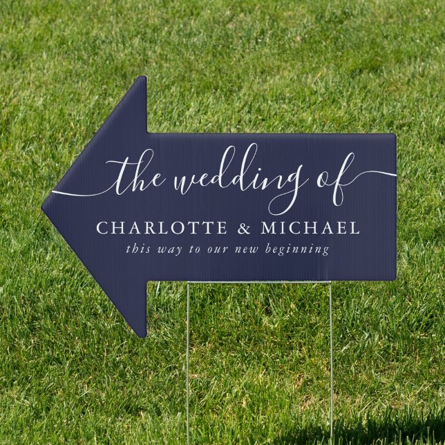 Navy Blue Nautical Script Wedding This Way Arrow Sign (Navy Blue Nautical Script Wedding This Way Arrow Sign)