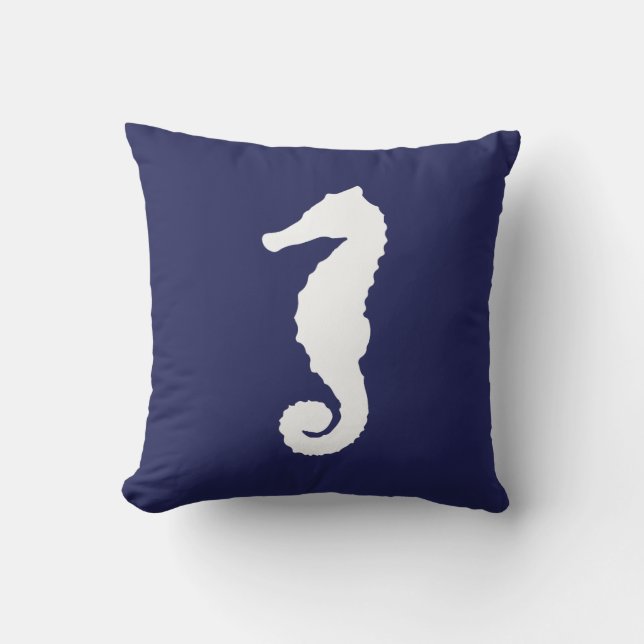 Navy Blue Nautical Seahorse Throw Pillow (Front)