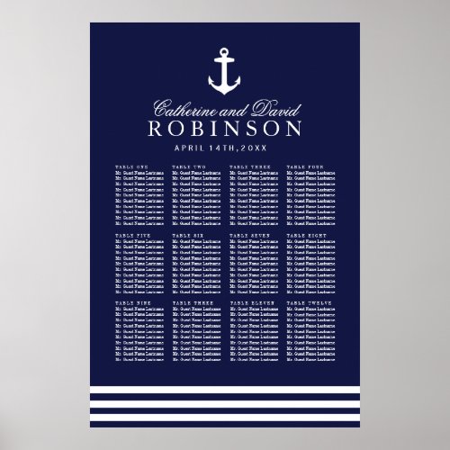 Navy Blue Nautical Seating Plan with Anchor Poster