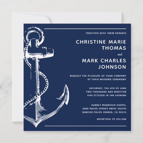 Navy Blue Nautical Ship Anchor Wedding Invitation