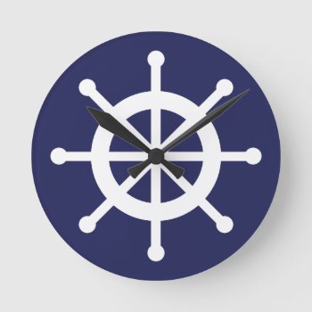 Navy Blue Nautical Ship Wheel Round Clock by cranberrydesign at Zazzle