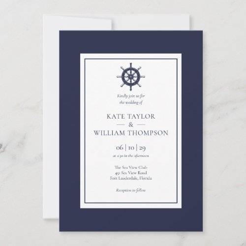 Navy Blue Nautical Ship Wheel Wedding Invitation