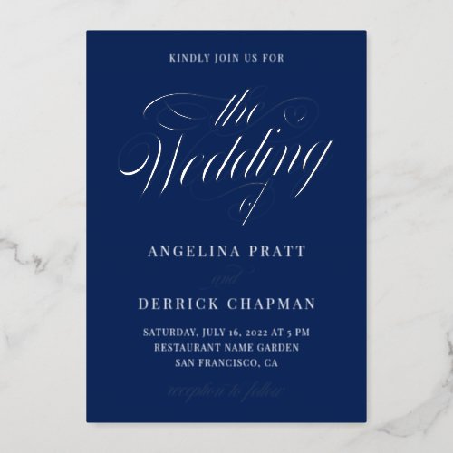 Navy Blue Nautical Silver Foil Wedding Calligraphy Foil Invitation