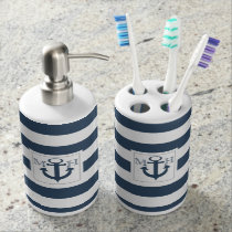 Navy Blue Nautical Stripe and Anchor with Monogram Bath Set