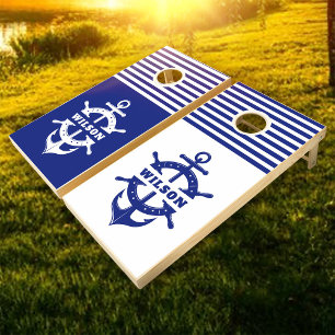 Navy Blue Nautical Stripe Custom Name Anchor Cornhole Set