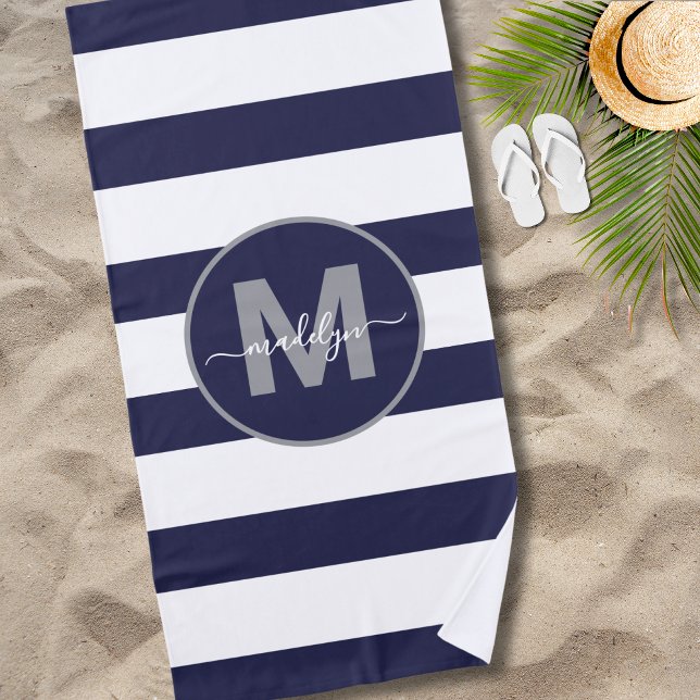 Navy Blue Nautical Stripe Name Monogram Beach Towel (Navy Blue Nautical Stripe Name Monogram Beach Towel )