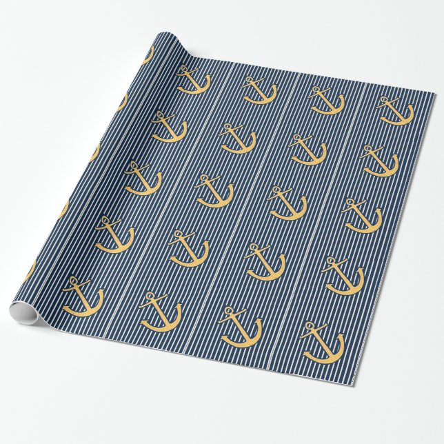 Navy Blue Nautical Stripes Anchor Birthday Wrapping Paper (Unrolled)