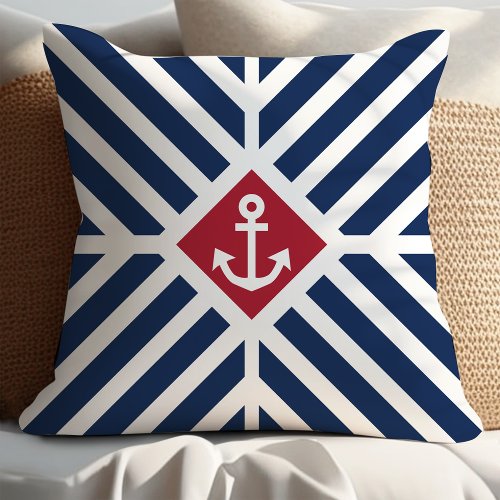 Navy Blue Nautical Stripes Anchor Throw Pillow