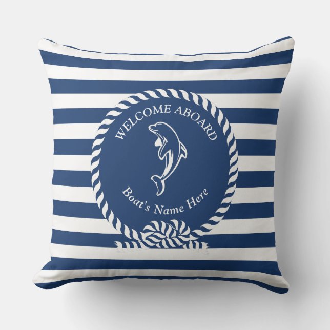 Navy Blue Nautical Stripes Dolphin Boat Name Outdoor Pillow (Front)