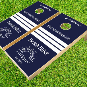 Navy Blue Nautical Stripes Family Beach House Cornhole Set