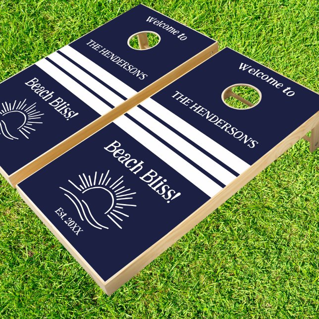 Navy Blue Nautical Stripes Family Beach House Cornhole Set (Creator Uploaded)