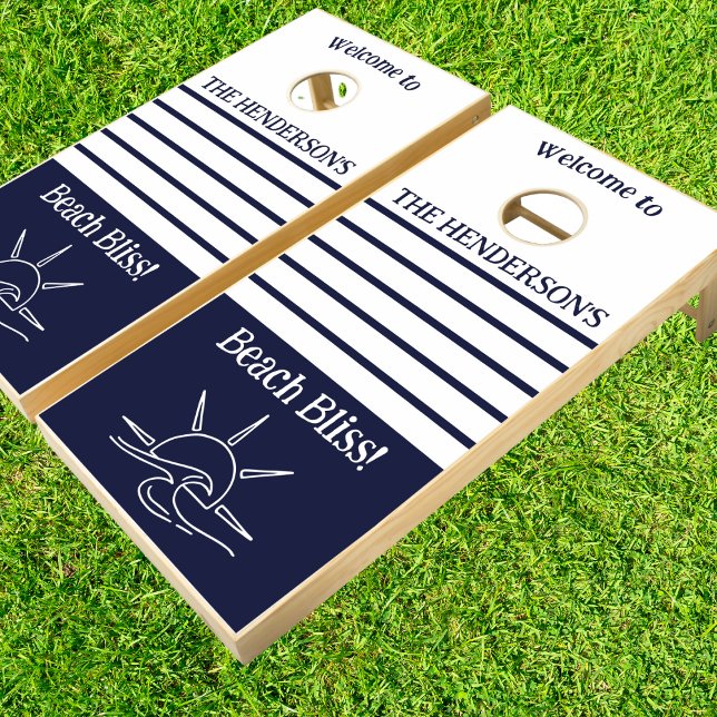 Navy Blue Nautical Stripes Sea Family Beach House Cornhole Set (Creator Uploaded)