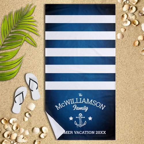 Navy Blue Nautical Theme Family Event Beach Towel