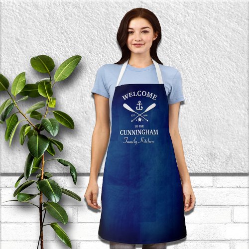 Navy Blue Nautical Theme Family Name Apron