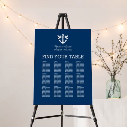 Navy blue nautical theme wedding seating chart foam board