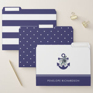 Navy Blue Nautical   Trendy Flowers and Patterns File Folder