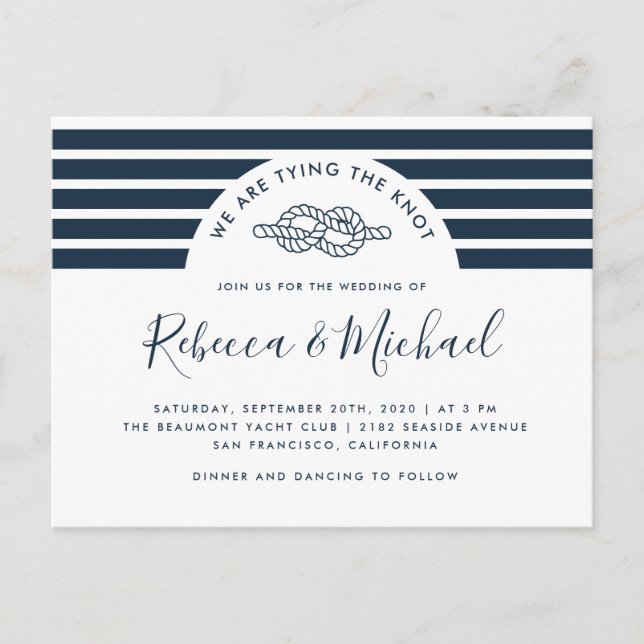 Navy Blue Nautical Tying The Knot Wedding Invitation Postcard (Front)