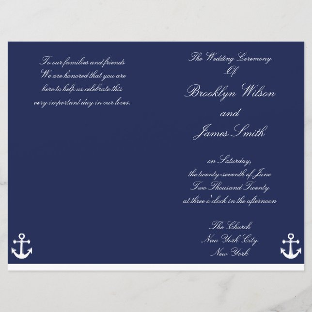 Navy Blue Nautical Wedding Ceremony Program Flyer (Front)