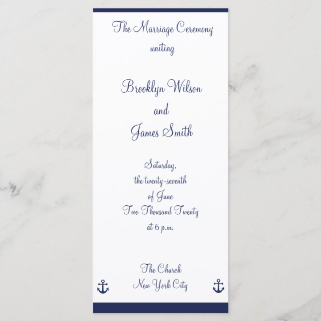 Navy Blue Nautical Wedding Ceremony Programs (Front)