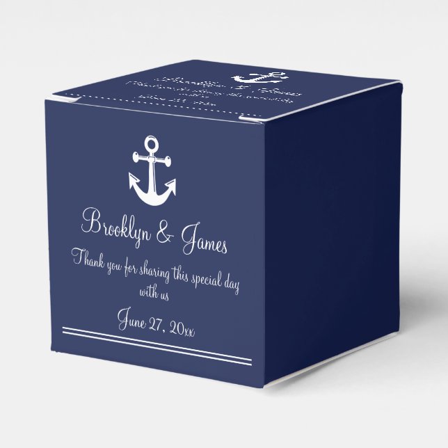 Navy Blue Nautical Wedding Favor Box White Anchor (Front Side)