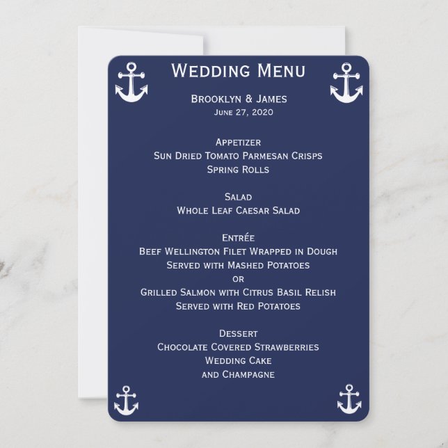 Navy Blue Nautical Wedding Menu Custom Invitations (Front)